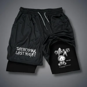 street double layer 2 in 1 men's shorts summer quick drying fitness shorts gothic rabbit print casual running sports pants m 3xl